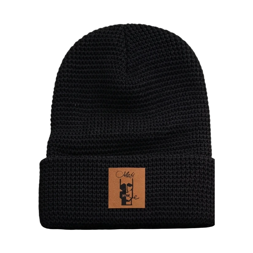 Waffle-knit Face Patch Beanie in black with a leather face-logo patch
