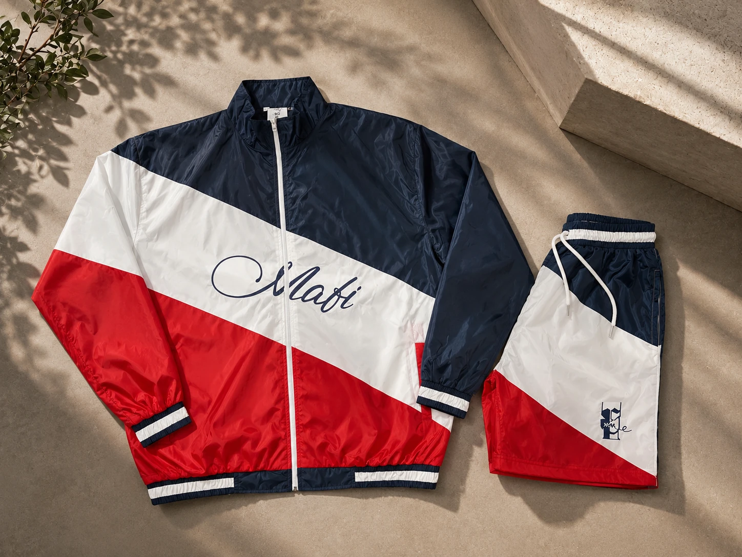 Script Track Set: navy, white and red track jacket with matching shorts