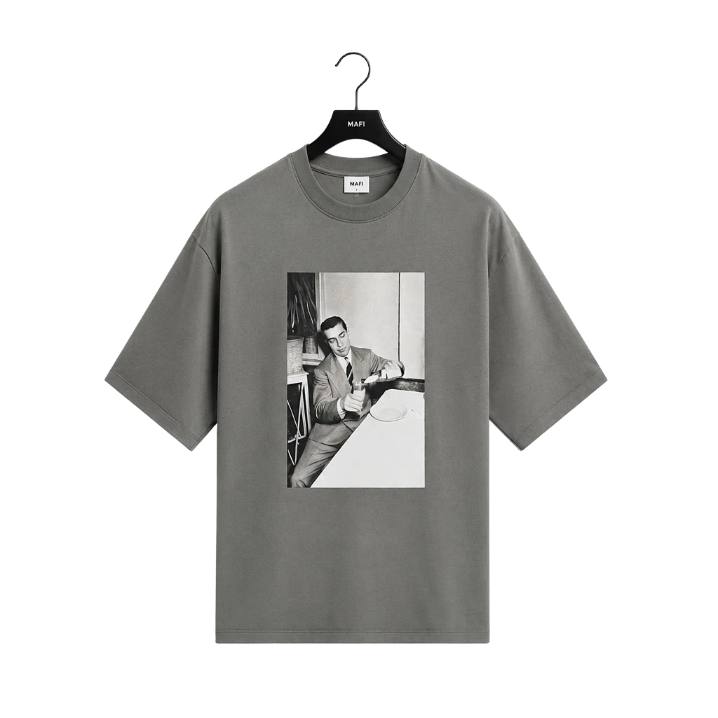 Grey MAFI tee with a black-and-white film still printed on the front