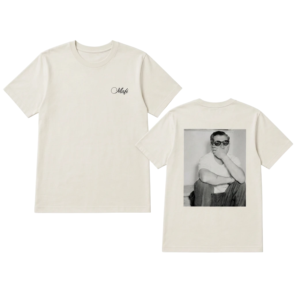 Cream Portrait Tee with script logo on the front and the portrait printed on the back