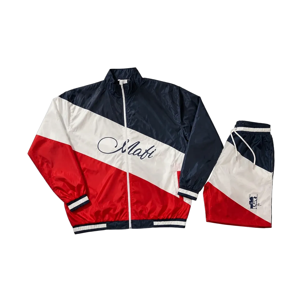 Script Track Set: navy, white and red track jacket with matching shorts