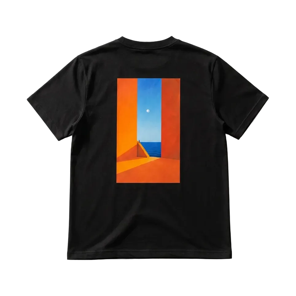 Black Horizon Tee with an orange and blue doorway-to-the-sea print on the back