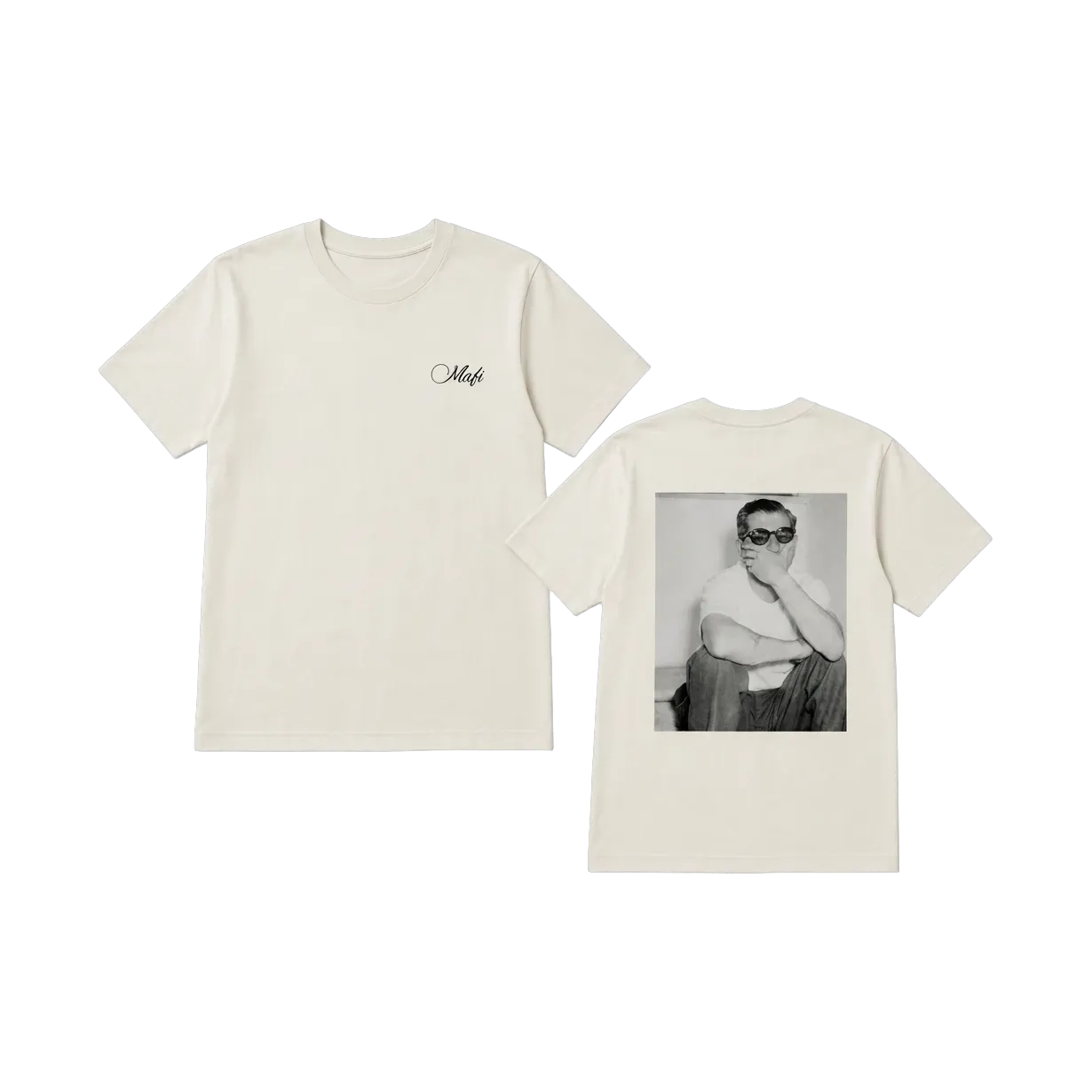 Cream Portrait Tee with script logo on the front and the portrait printed on the back