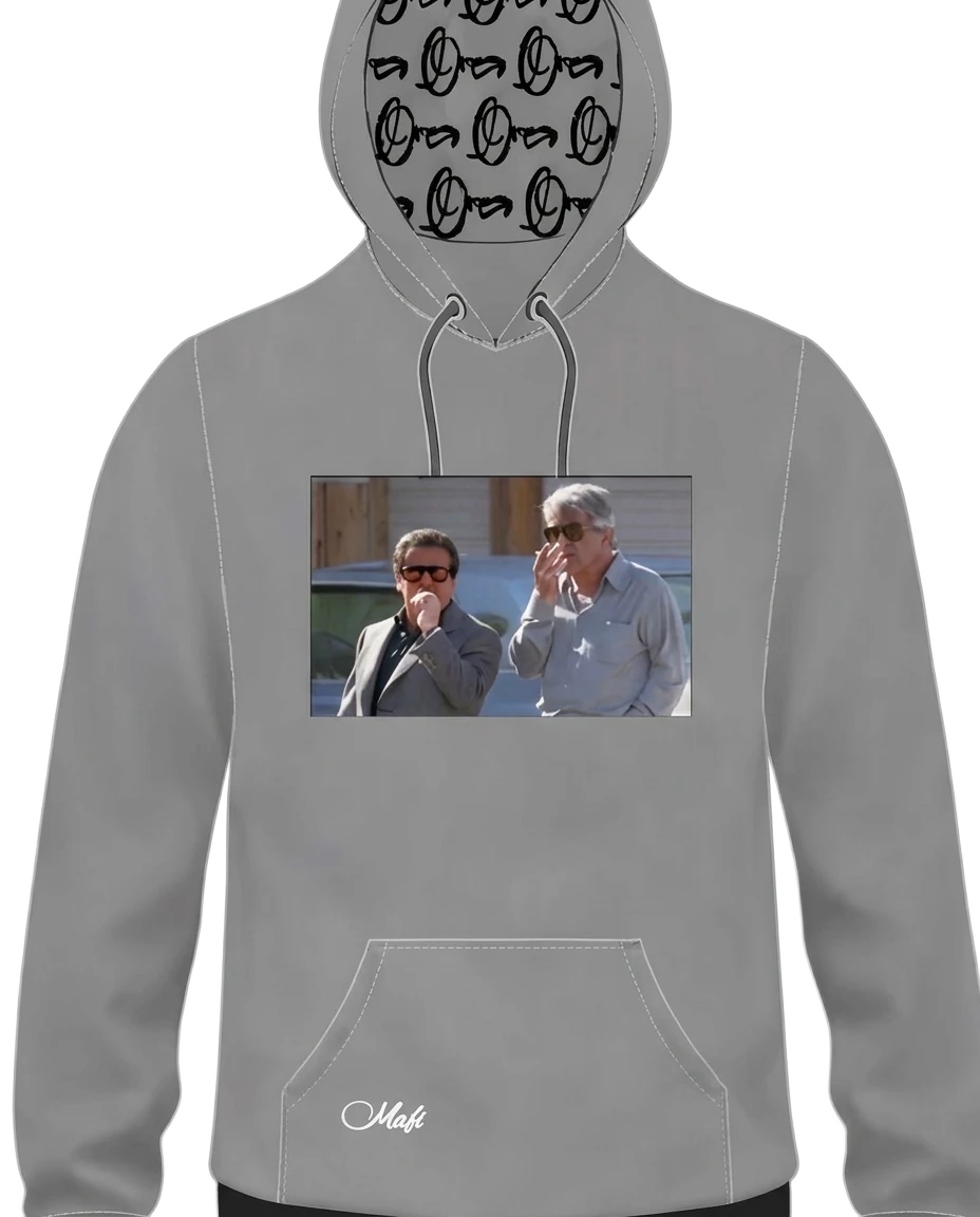 Grey MAFI hoodie with a film-still photo print on the chest and logo-print hood lining