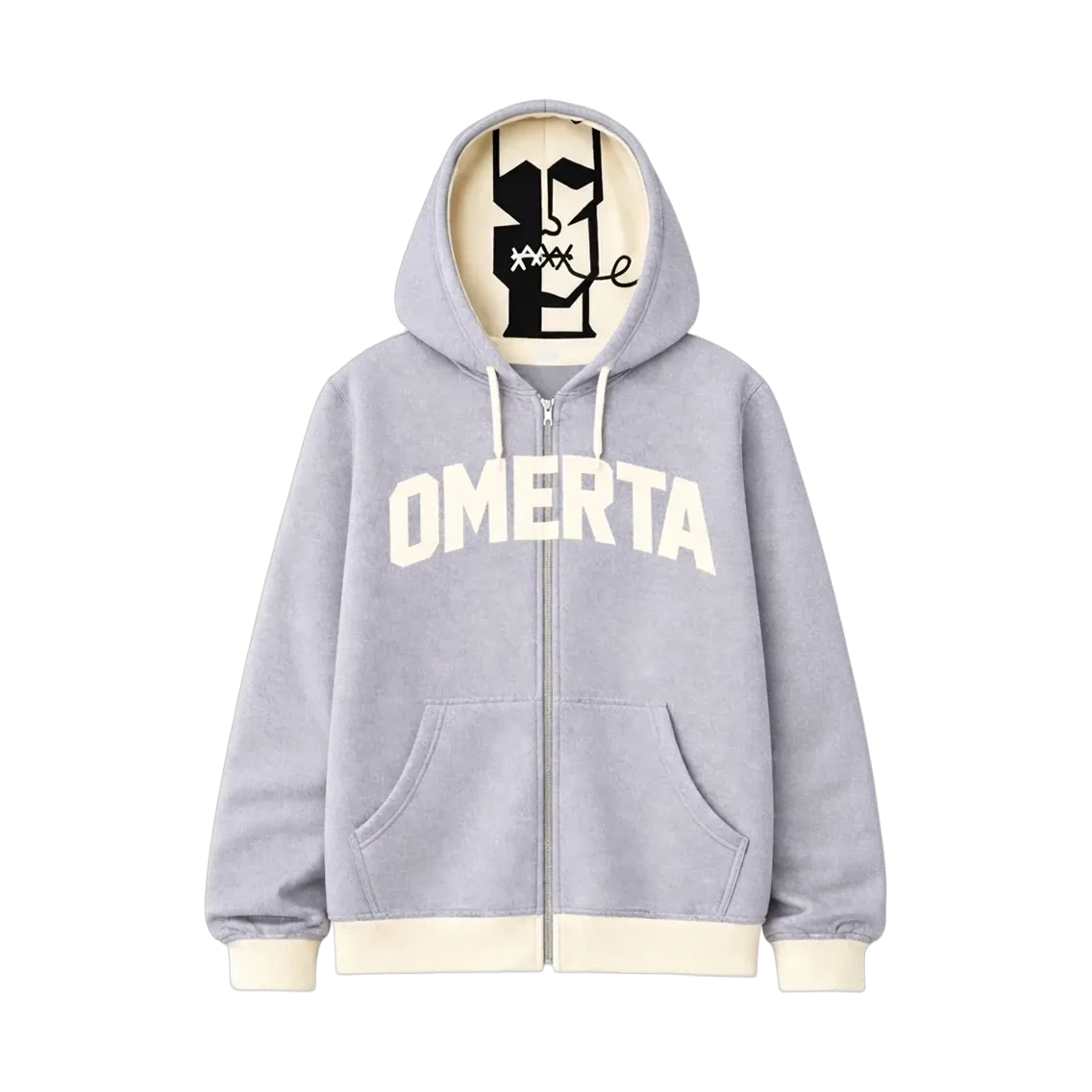 Omertà Varsity Zip Hoodie in heather grey with cream arched OMERTA lettering and face print in the hood
