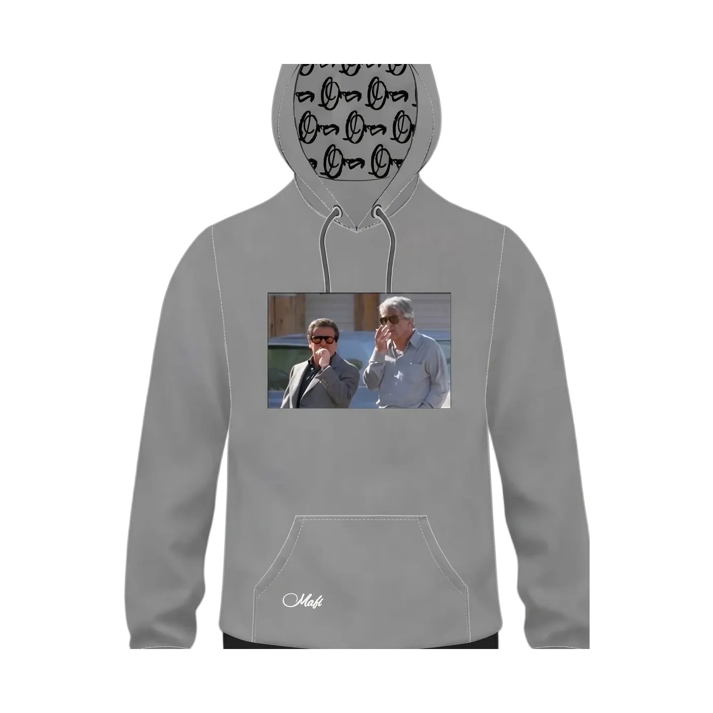 Grey MAFI hoodie with a film-still photo print on the chest and logo-print hood lining