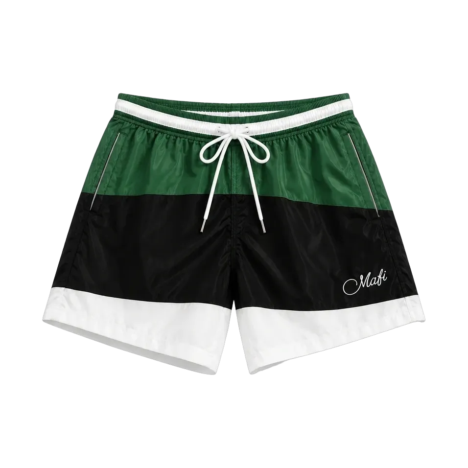 Block Shorts in green, black and white panels with MAFI script