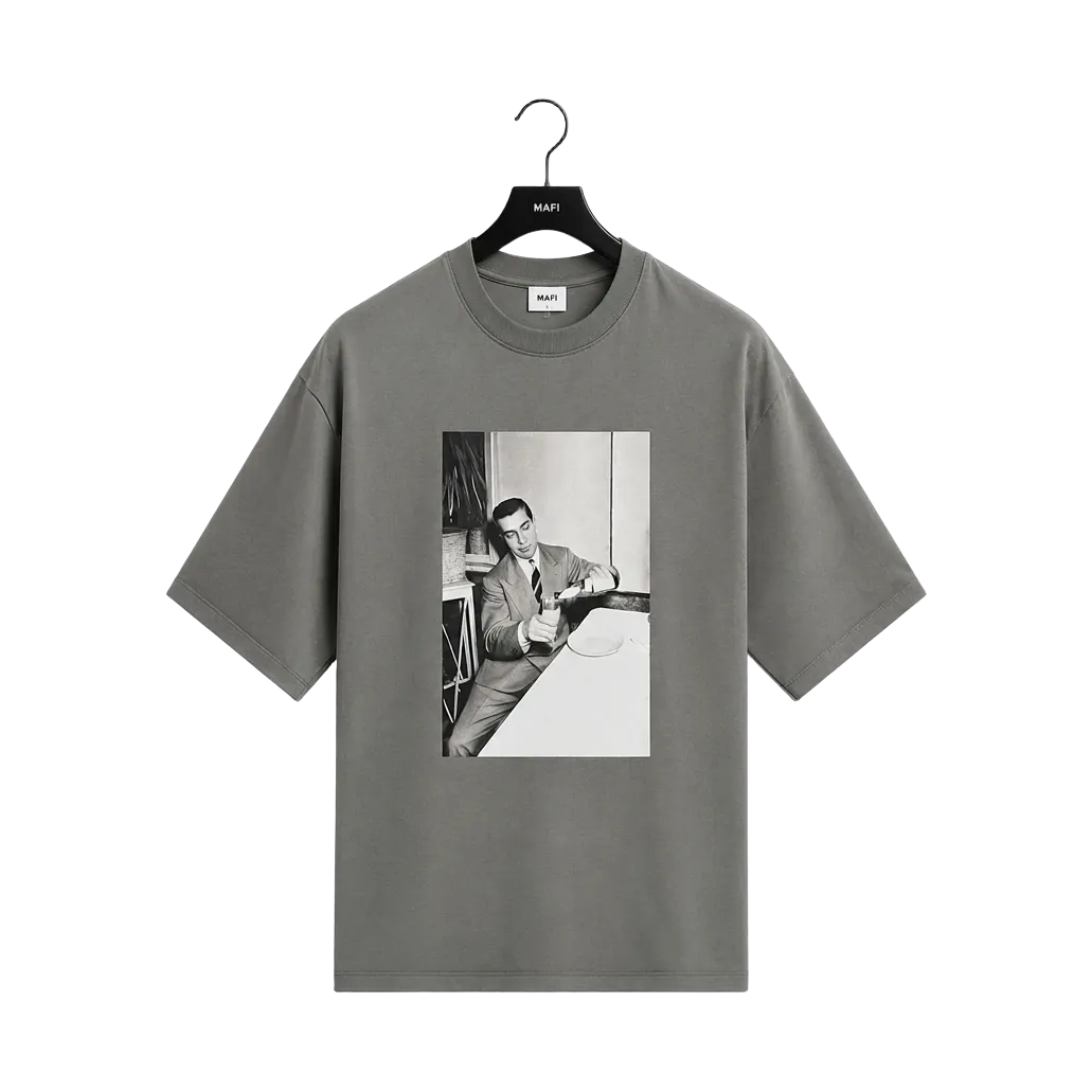 Grey MAFI tee with a black-and-white film still printed on the front