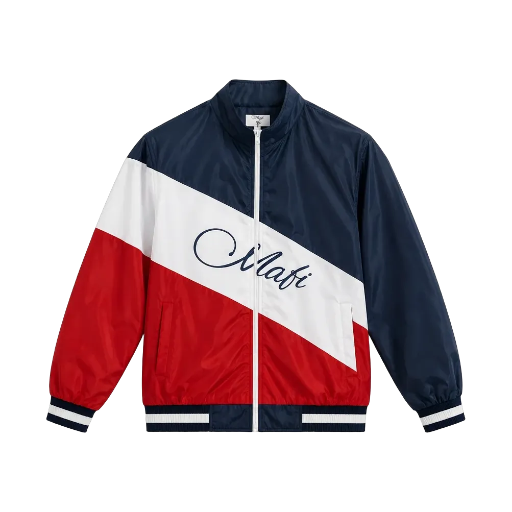 Script Track Jacket in navy, white and red with the MAFI script across the chest