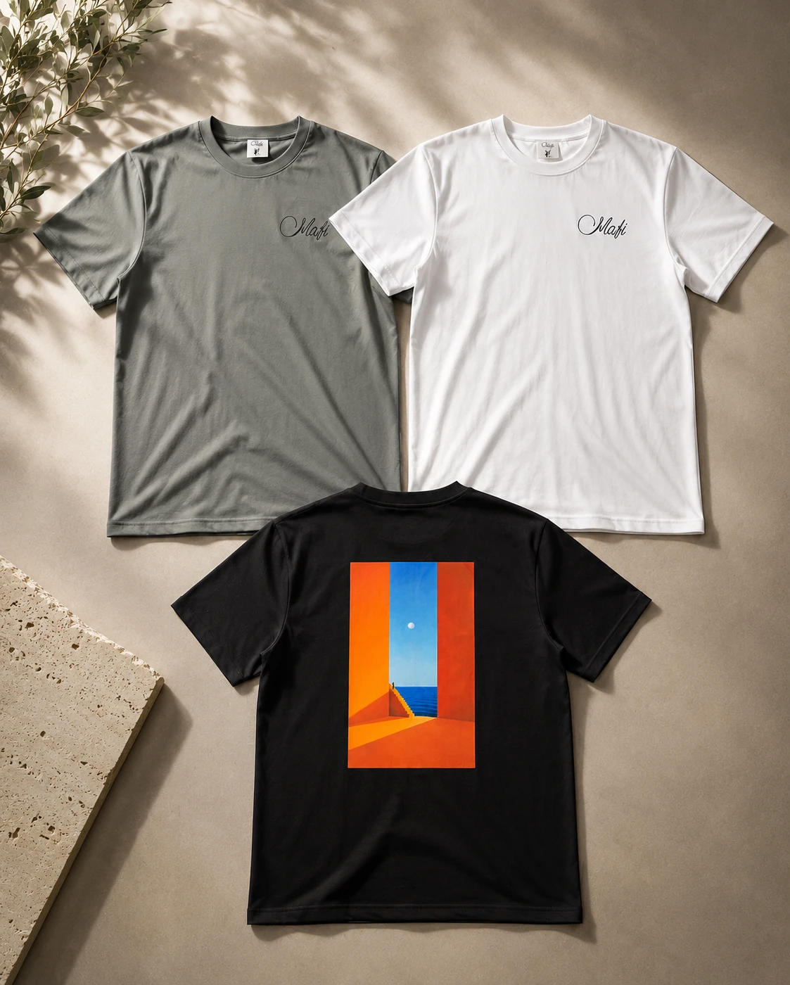 Black Horizon Tee with an orange and blue doorway-to-the-sea print on the back