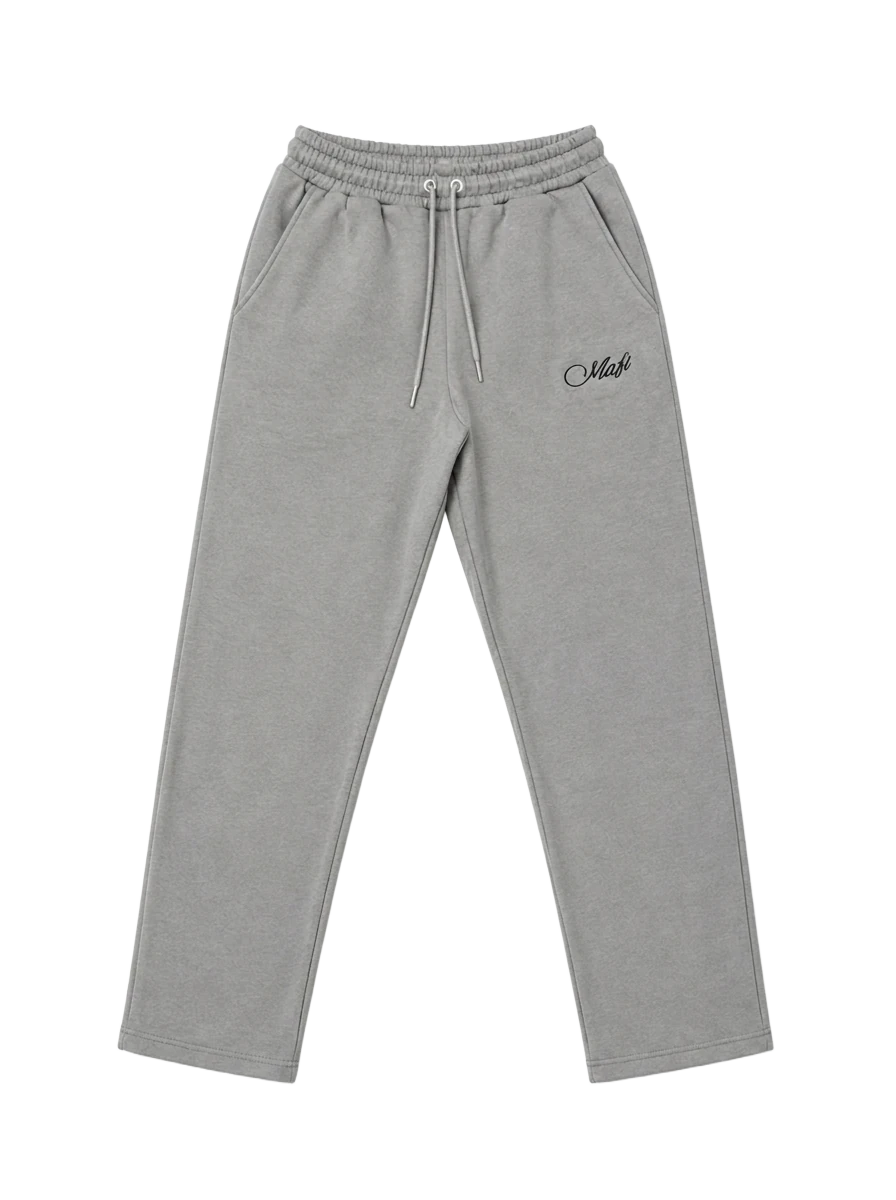 Heather grey MAFI sweatpants with a navy script logo at the thigh