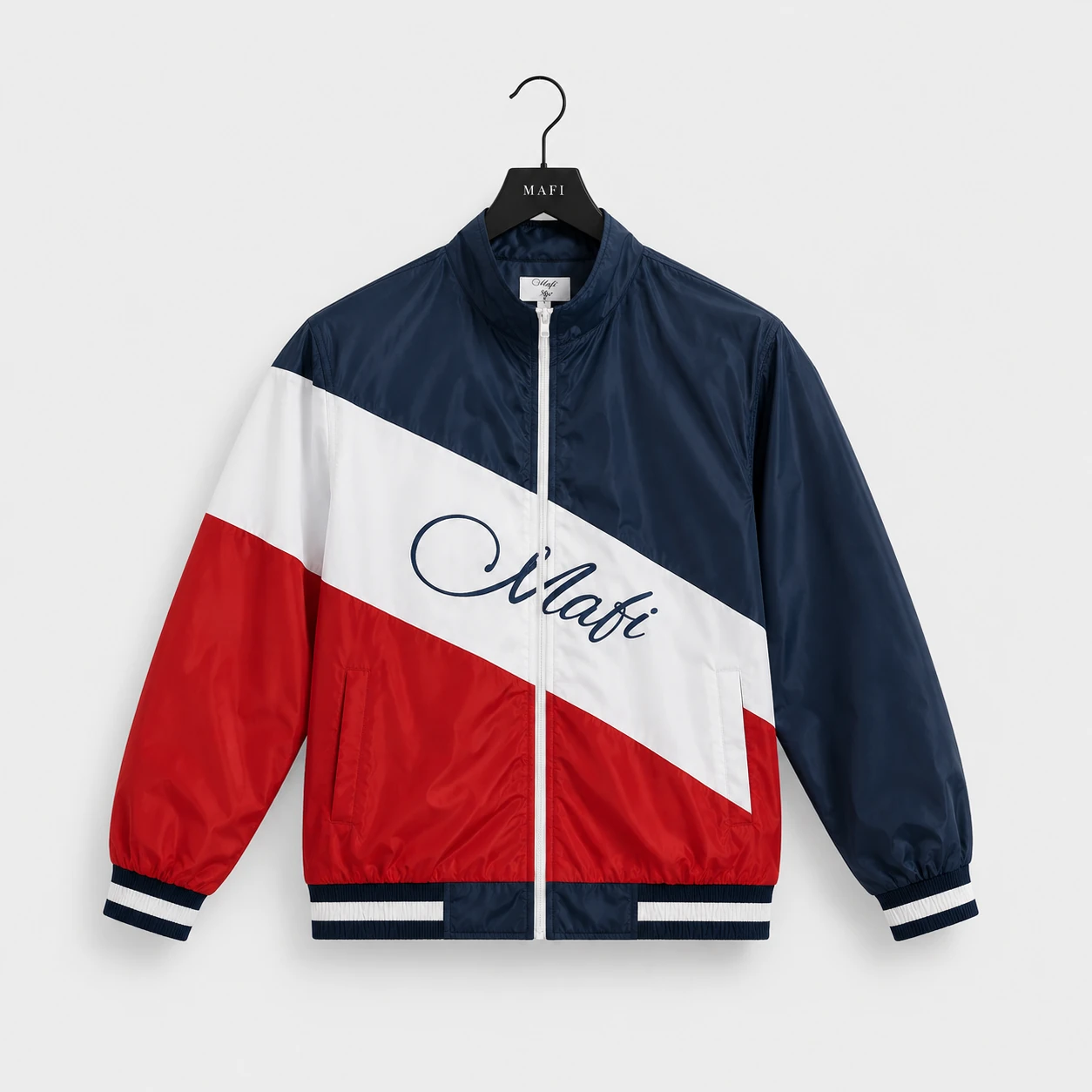 Script Track Jacket in navy, white and red with the MAFI script across the chest