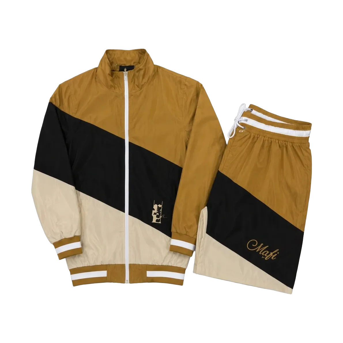 Mustard Track Set: mustard, black and cream track jacket with matching shorts on grass