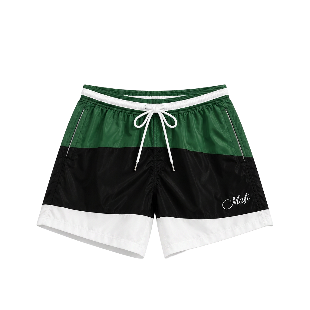 Block Shorts in green, black and white panels with MAFI script