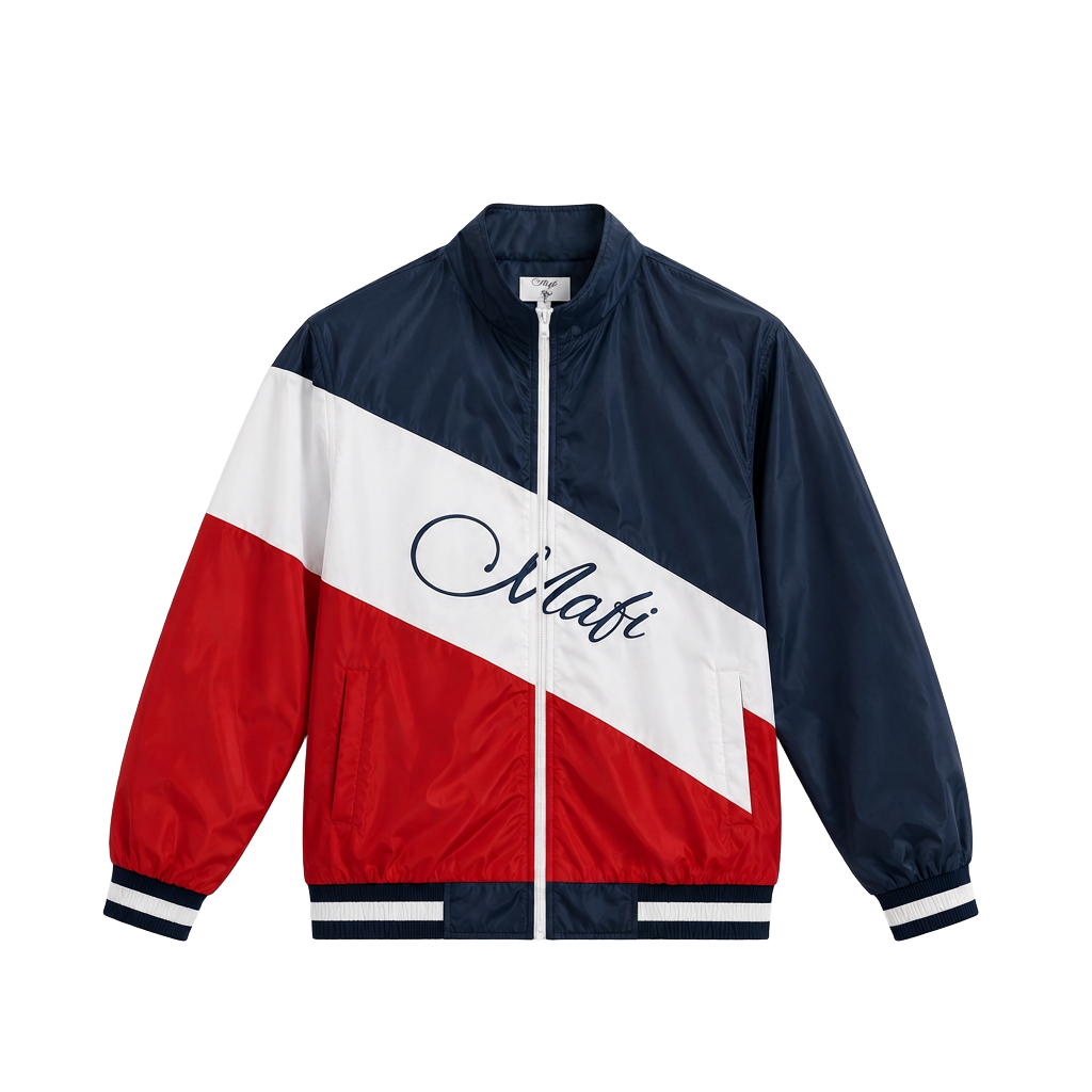 Script Track Jacket in navy, white and red with the MAFI script across the chest